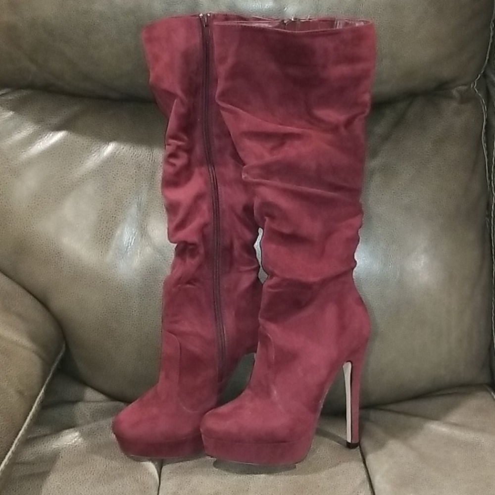 Burgundy knee high suede boots
